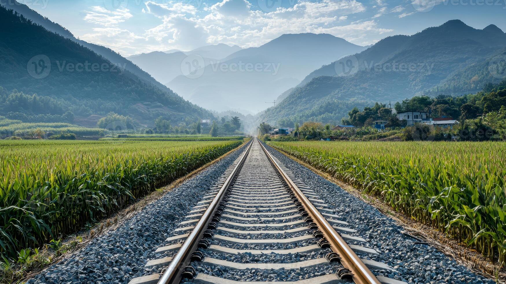 Railway tracks stretching through a green field and mountains under a clear sky photo