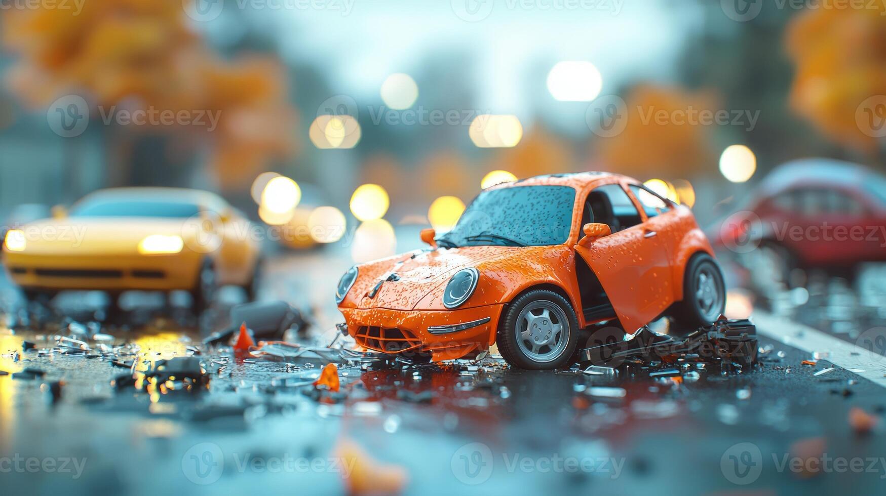 A toy car is sitting on the road in the rain photo