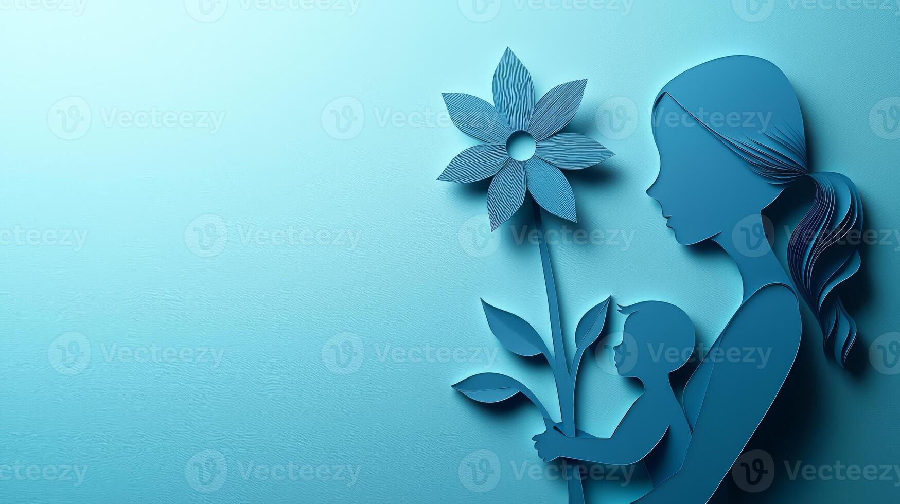 Mother holding child in abstract paper art style with a large flower on a clean background photo