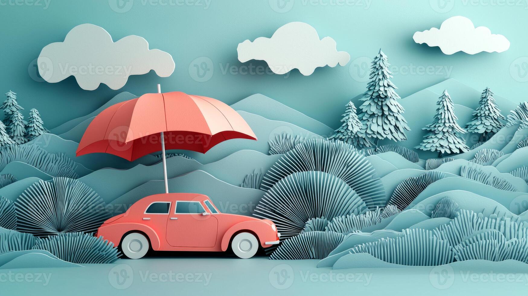 Paper art of a car with an umbrella photo