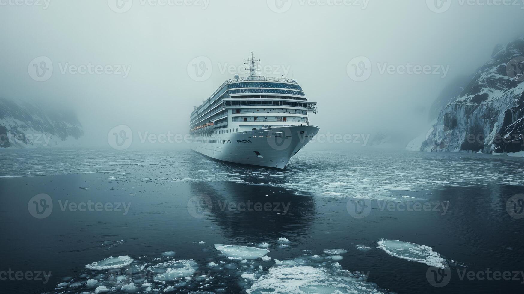 Large cruise ship sailing through icy waters surrounded by icebergs in a foggy landscape photo