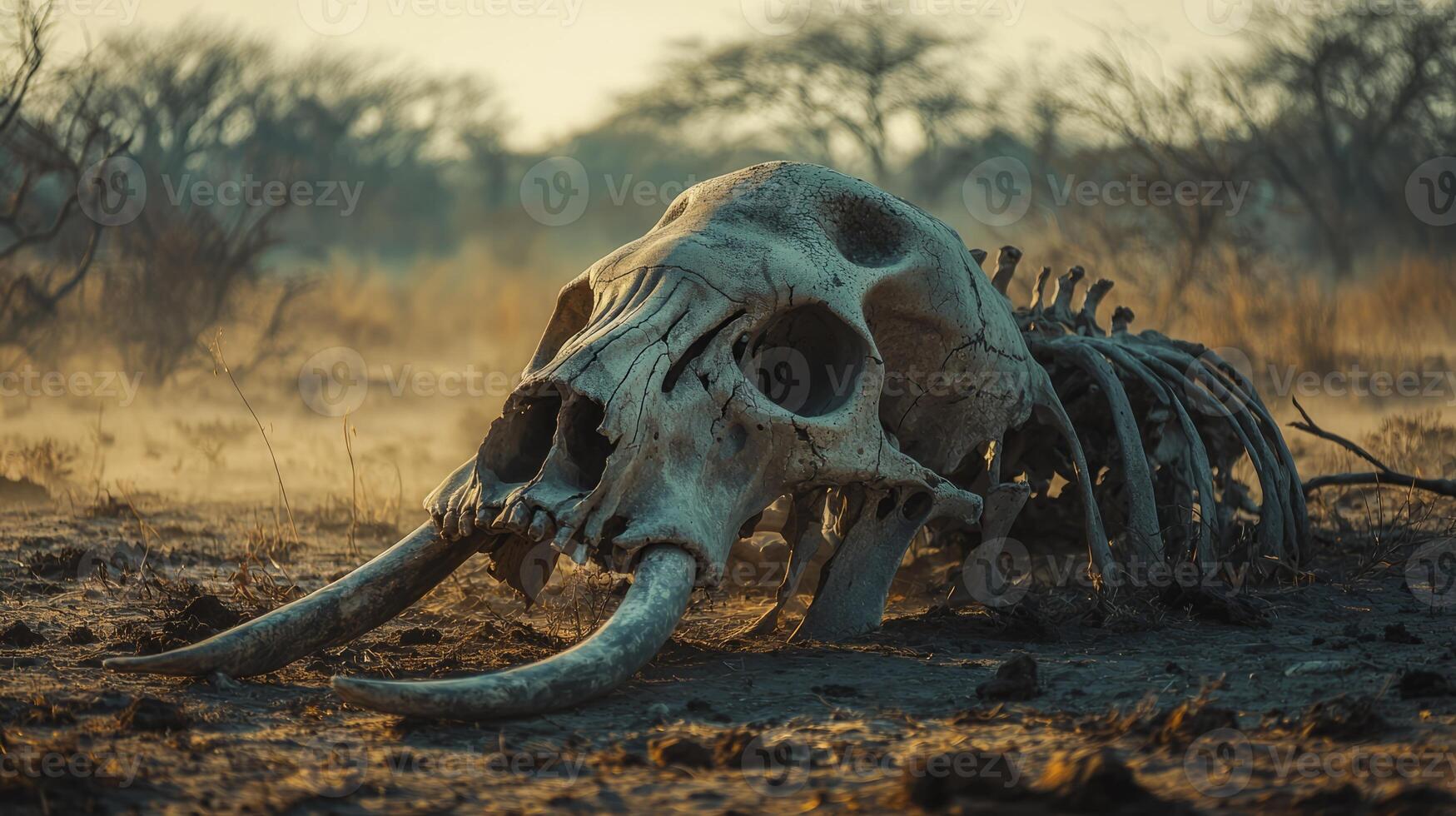 A dead animal skull laying in the dirt photo