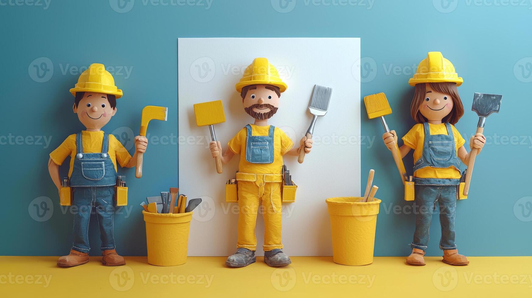 3d render of construction workers holding tools and a sign photo