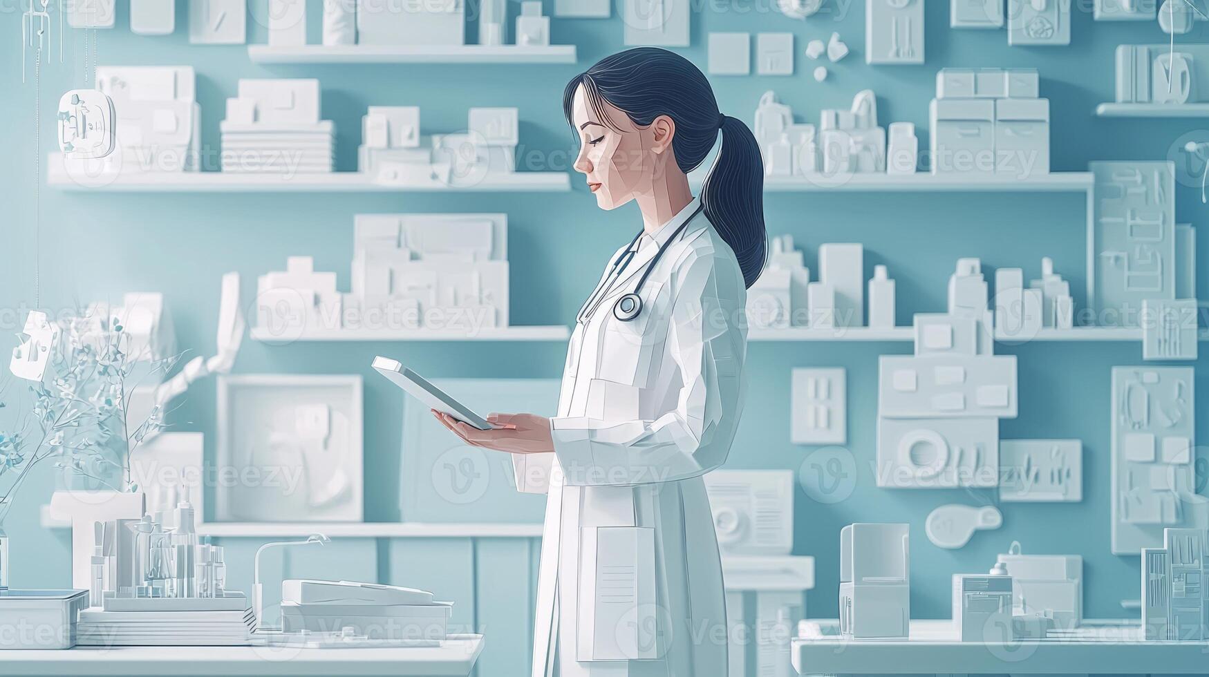 A woman in a white coat is standing in front of shelves of medicine photo