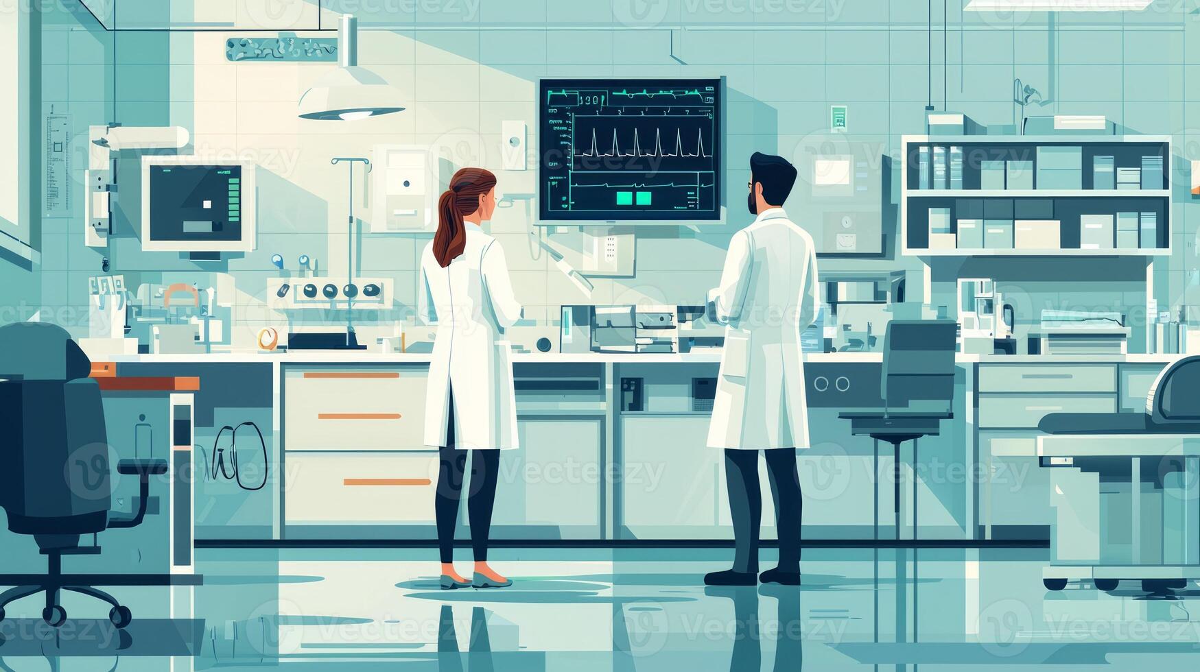 Two people in lab coats standing in front of a computer photo