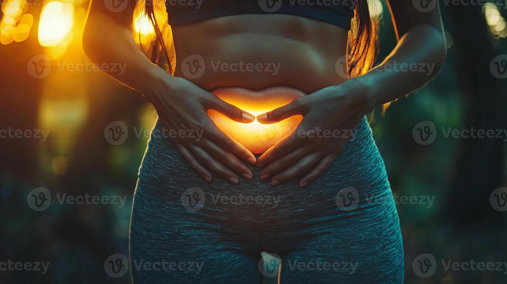 A woman holding her stomach with a heart shape photo