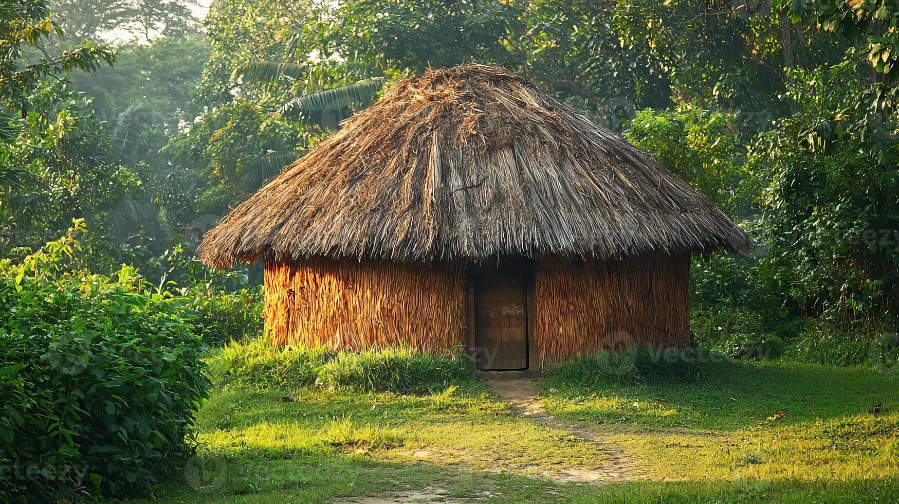 A small hut with thatched roof in the middle of a forest photo