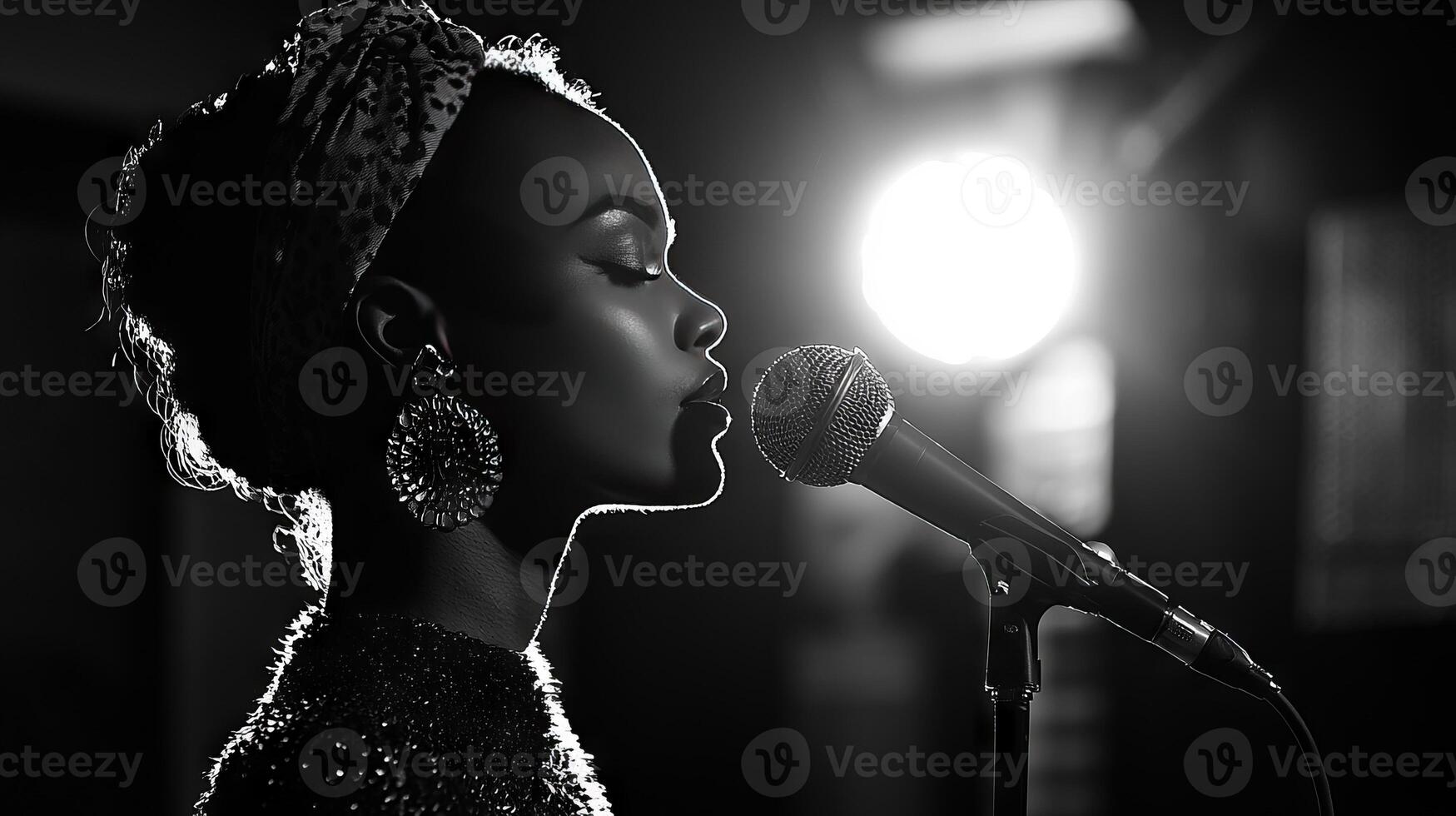 Black and white portrait of a female singer performing on stage with a microphone photo