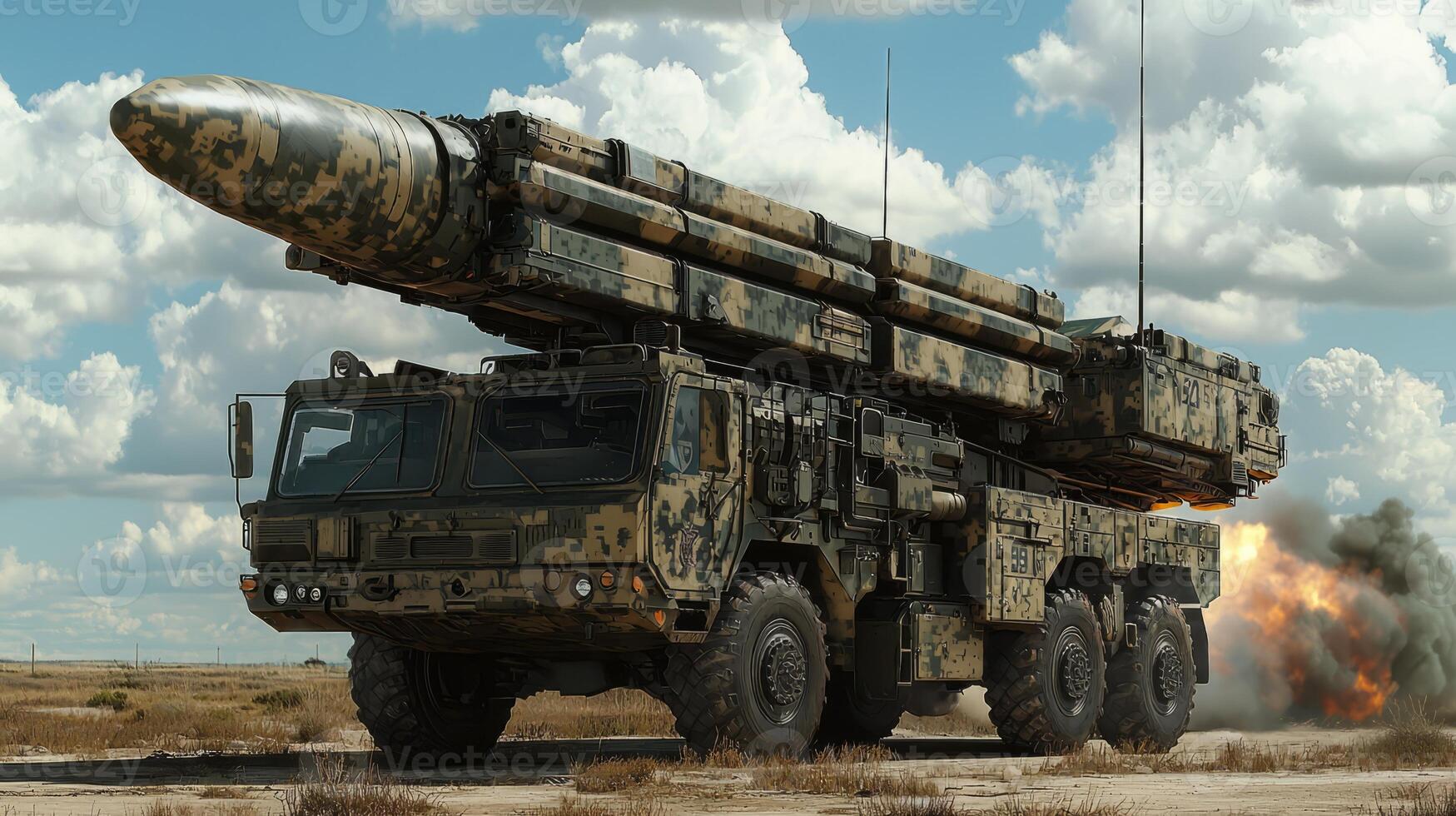Military missile launcher in a field under bright sky photo