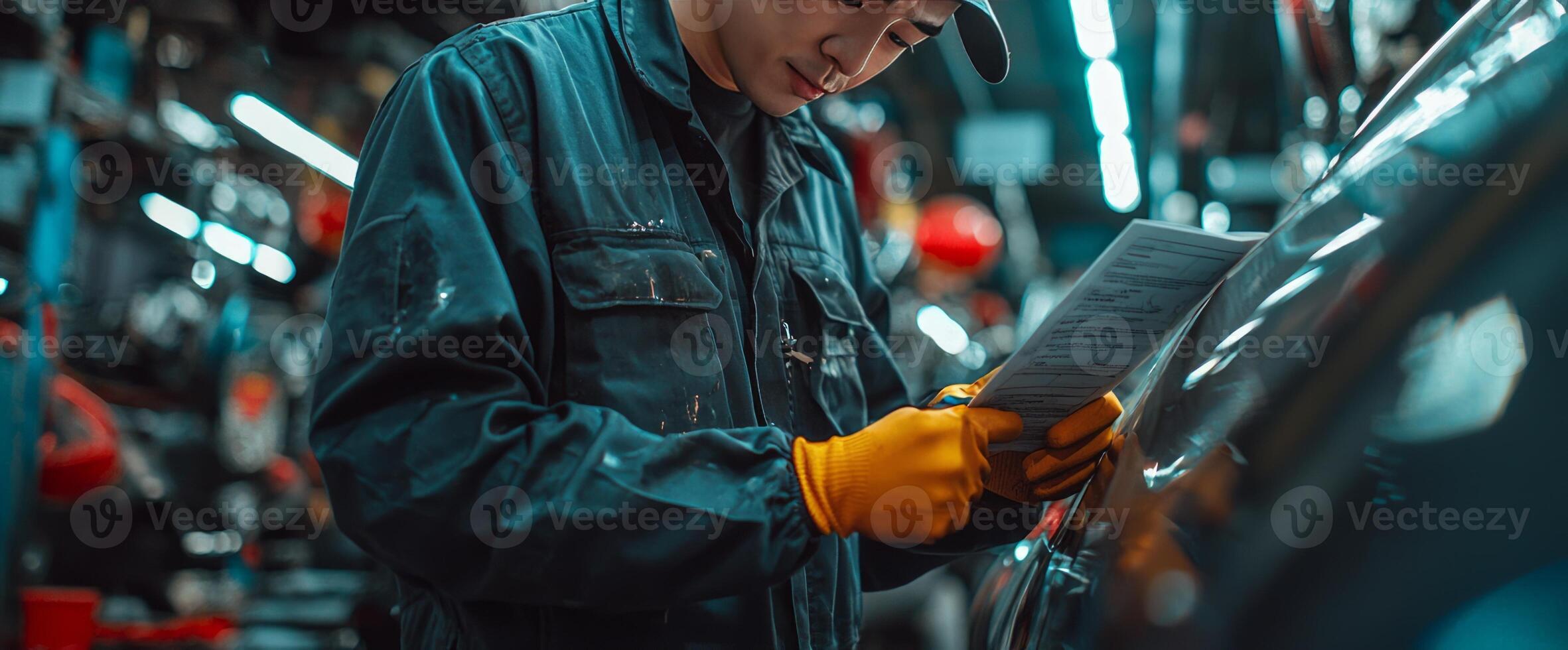 Mechanic inspecting a car engine at a workshop while holding a clipboard photo