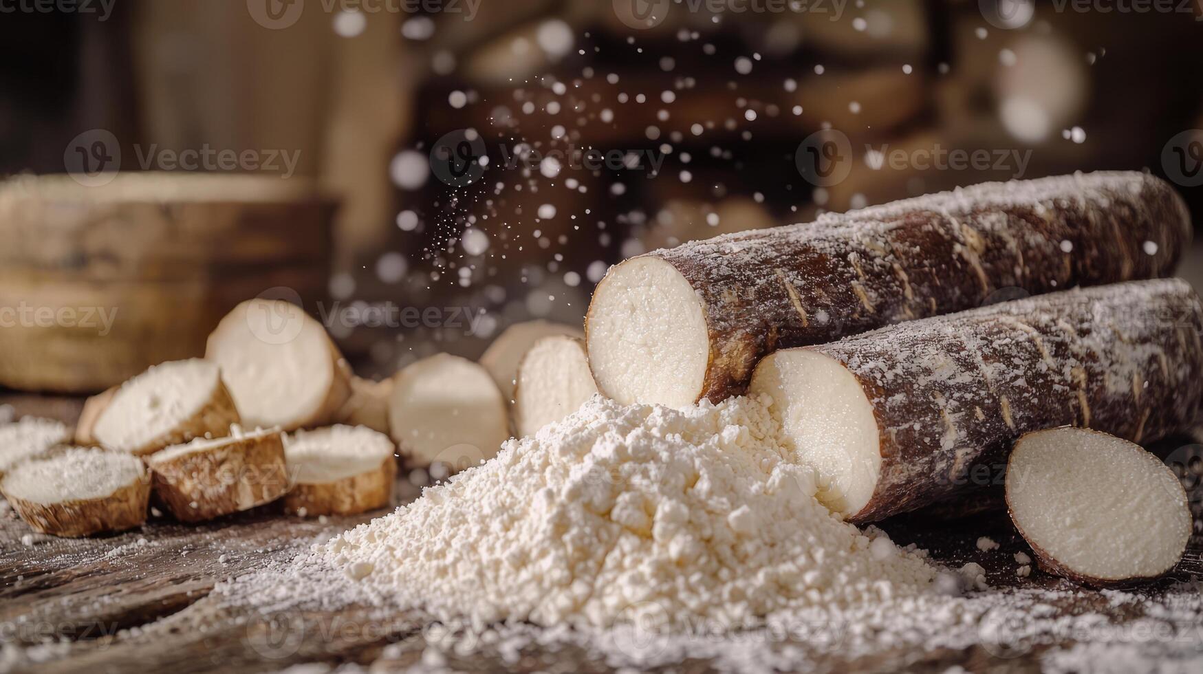 Sliced cassava roots with flour on a rustic wooden table photo