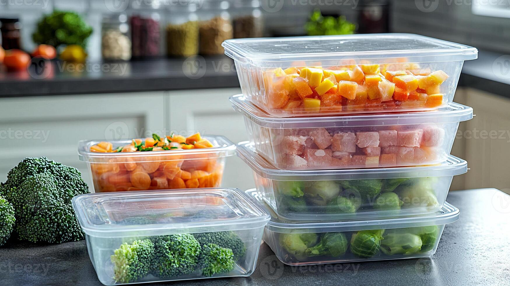 Fresh vegetables stored in clear plastic containers on a kitchen counter photo