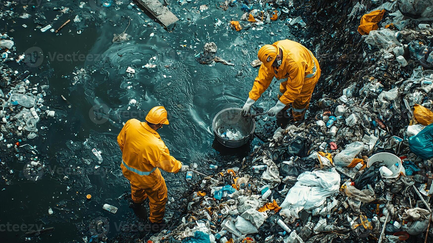 Garbage collectors working in polluted river full of waste photo