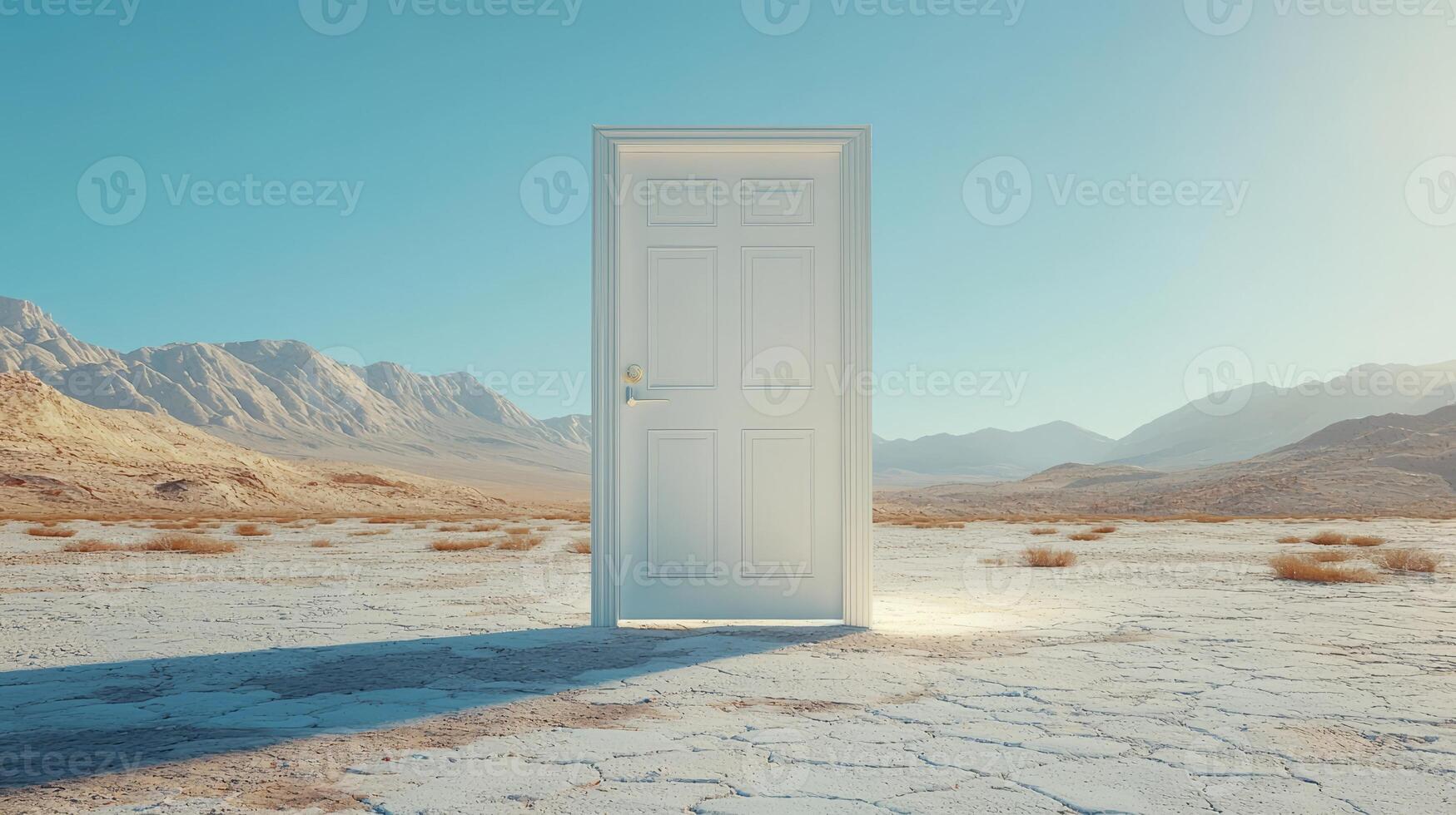 Isolated door in a desert landscape with mountains in the background photo
