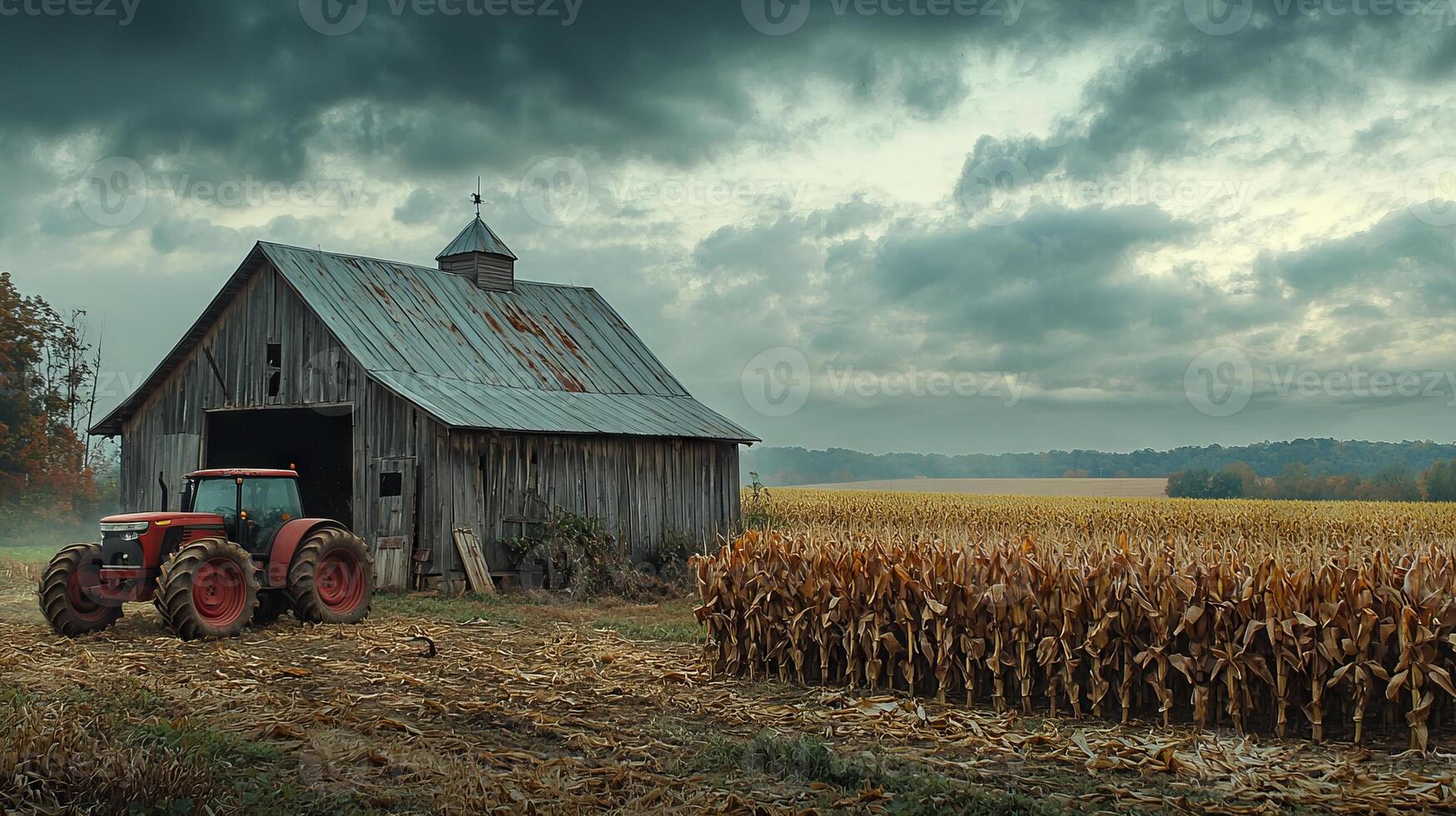 Old barn and tractor next to a cornfield in a rural farming setting under cloudy skies photo