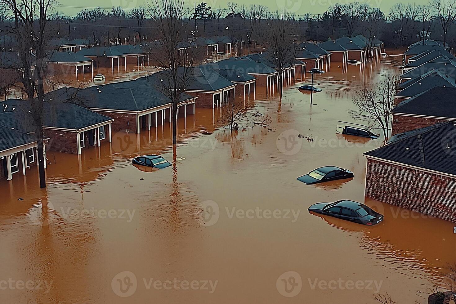 Aerial view of a flooded suburban area after heavy rainfall and storm photo