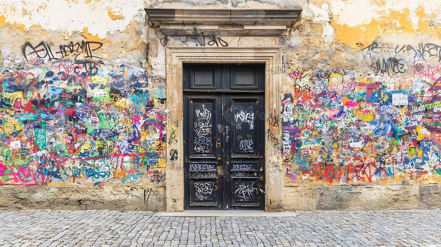 Vibrant Urban Graffiti Wall with Colorful Abstract Patterns and Designs photo