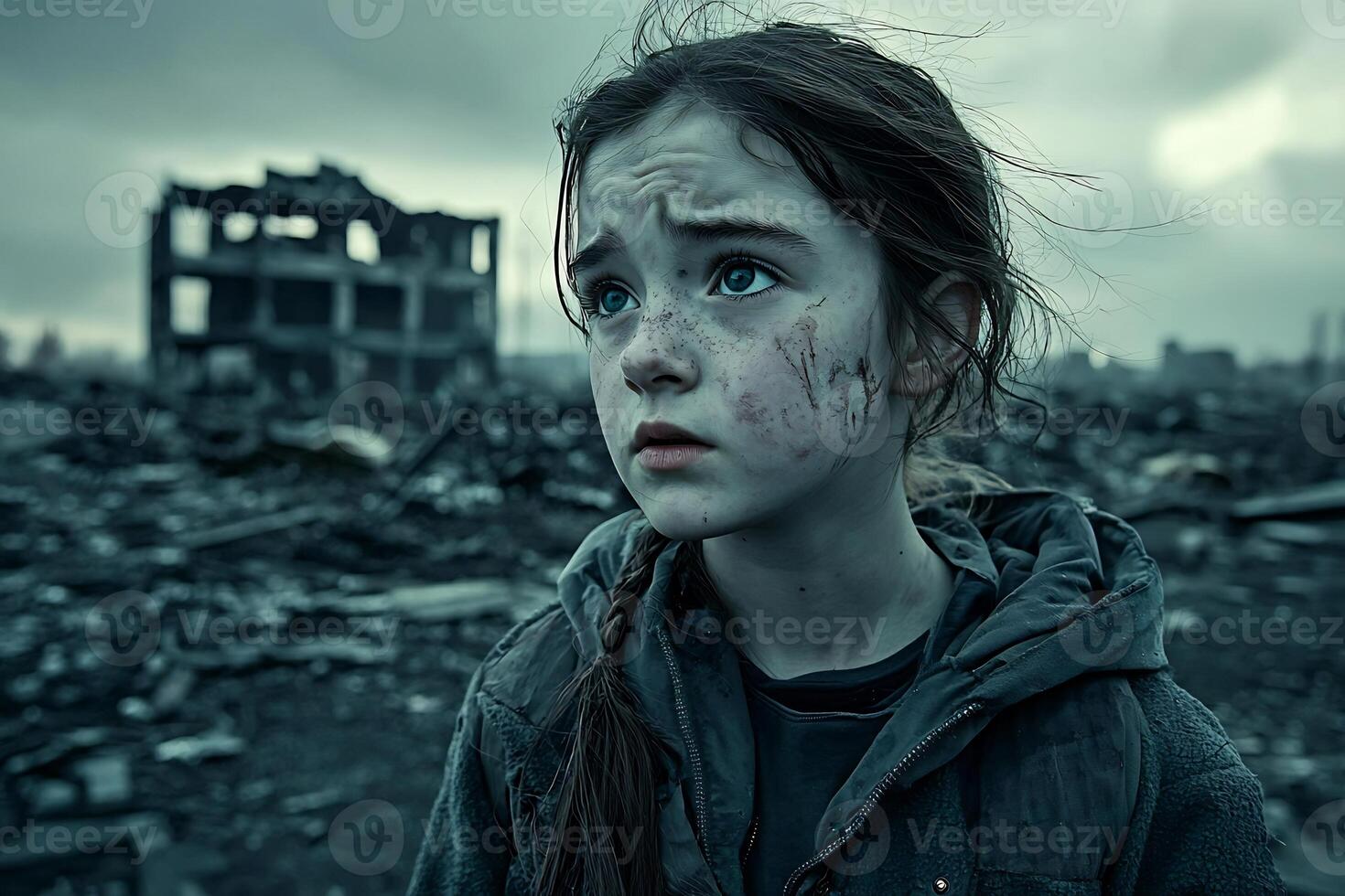 Haunting Portrait of a Resilient Youth Amidst the Ruins of a Devastated City photo