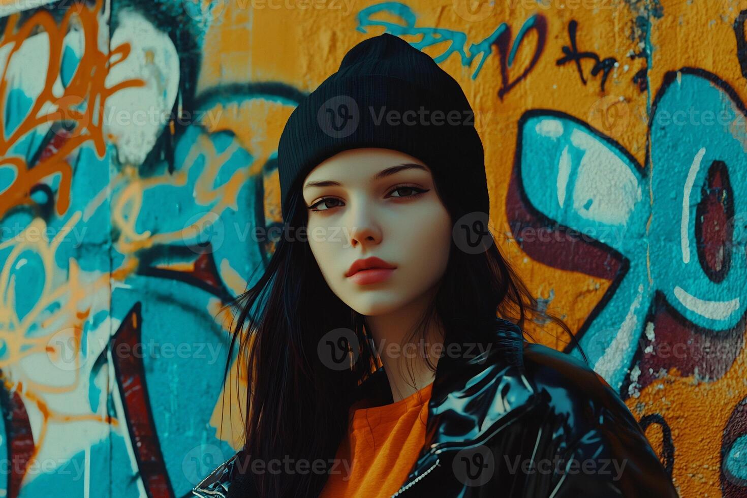 Moody Urban Portrait of Young Woman in Edgy Street Fashion photo