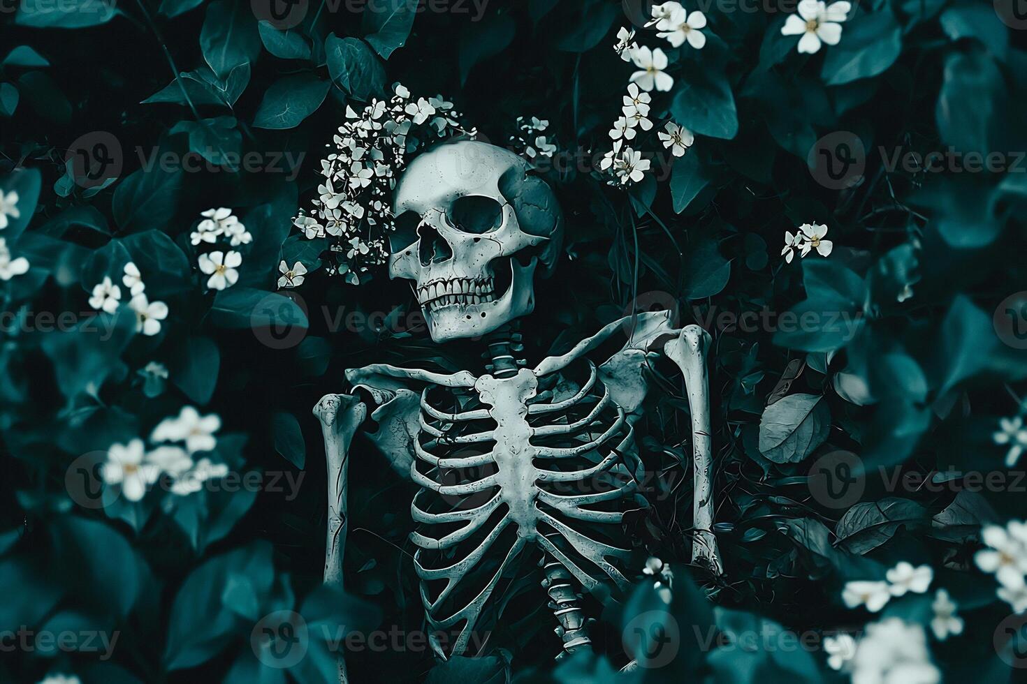 Ghostly Skeleton Lurking Amidst Lush Foliage in Ominous Supernatural Atmosphere photo