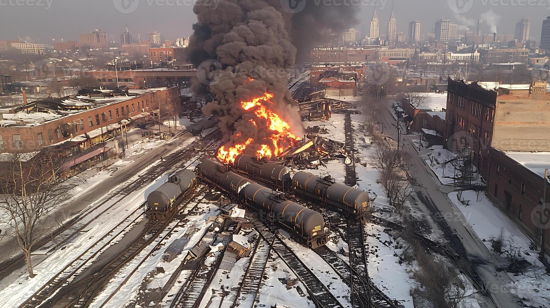 Massive Train Explosion Sparks Devastating Fire in Snowy Urban Cityscape photo