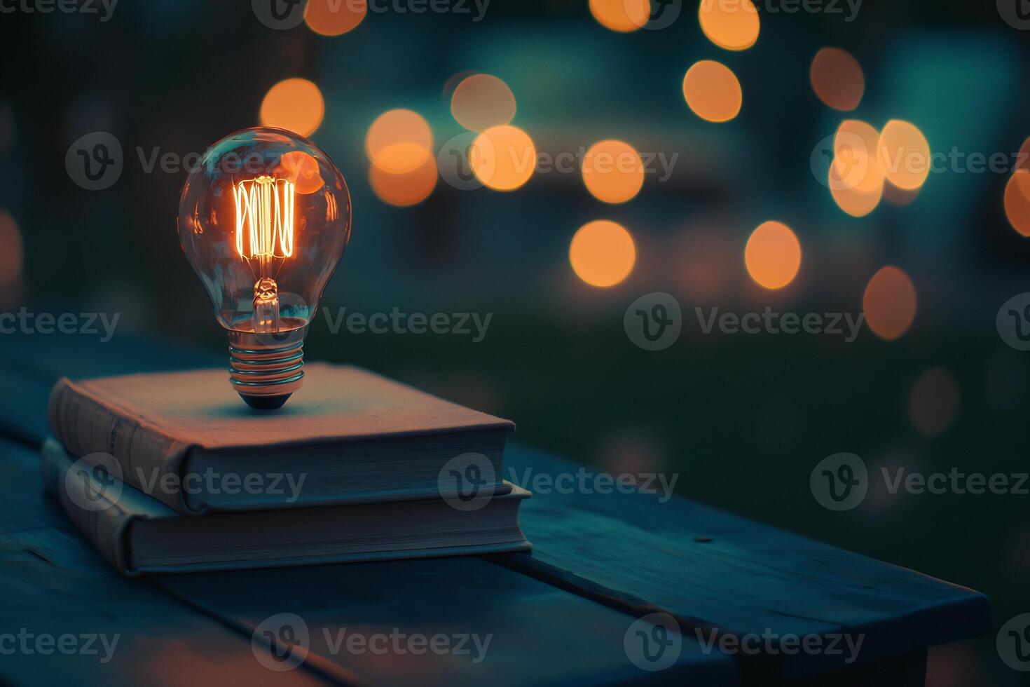 Lit Bulb on Stack of Books Symbolizing Innovation photo