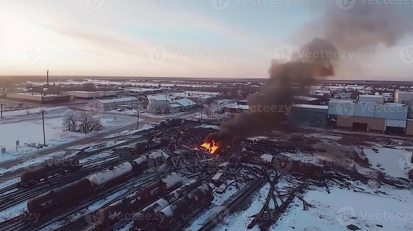 Massive fire engulfs industrial facility causing destruction and chaos in the urban landscape photo