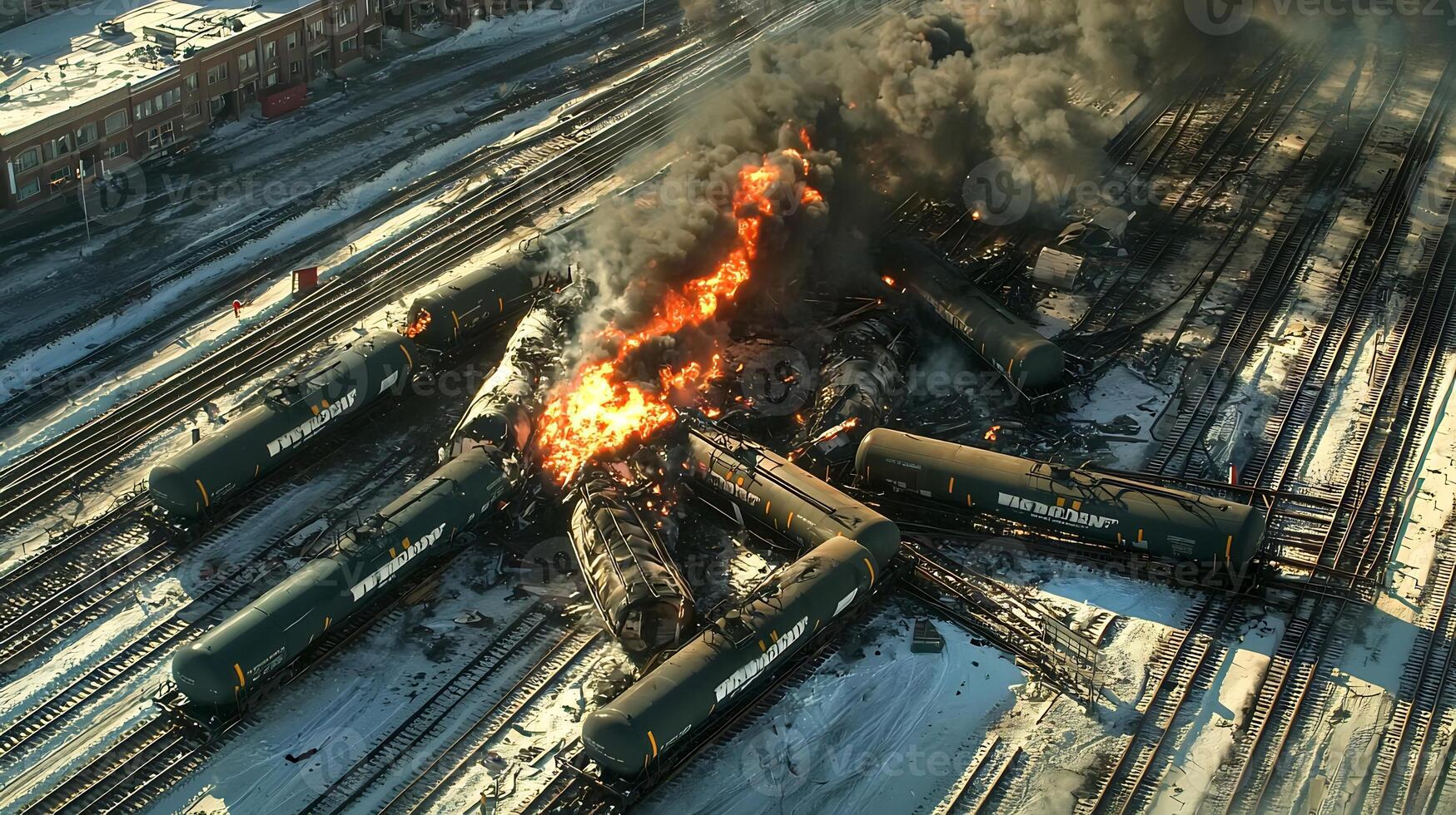 Dramatic Explosion and Fiery Disaster as Train Carrying Flammable Fuel Tank Derails and Bursts into Flames on Railway photo