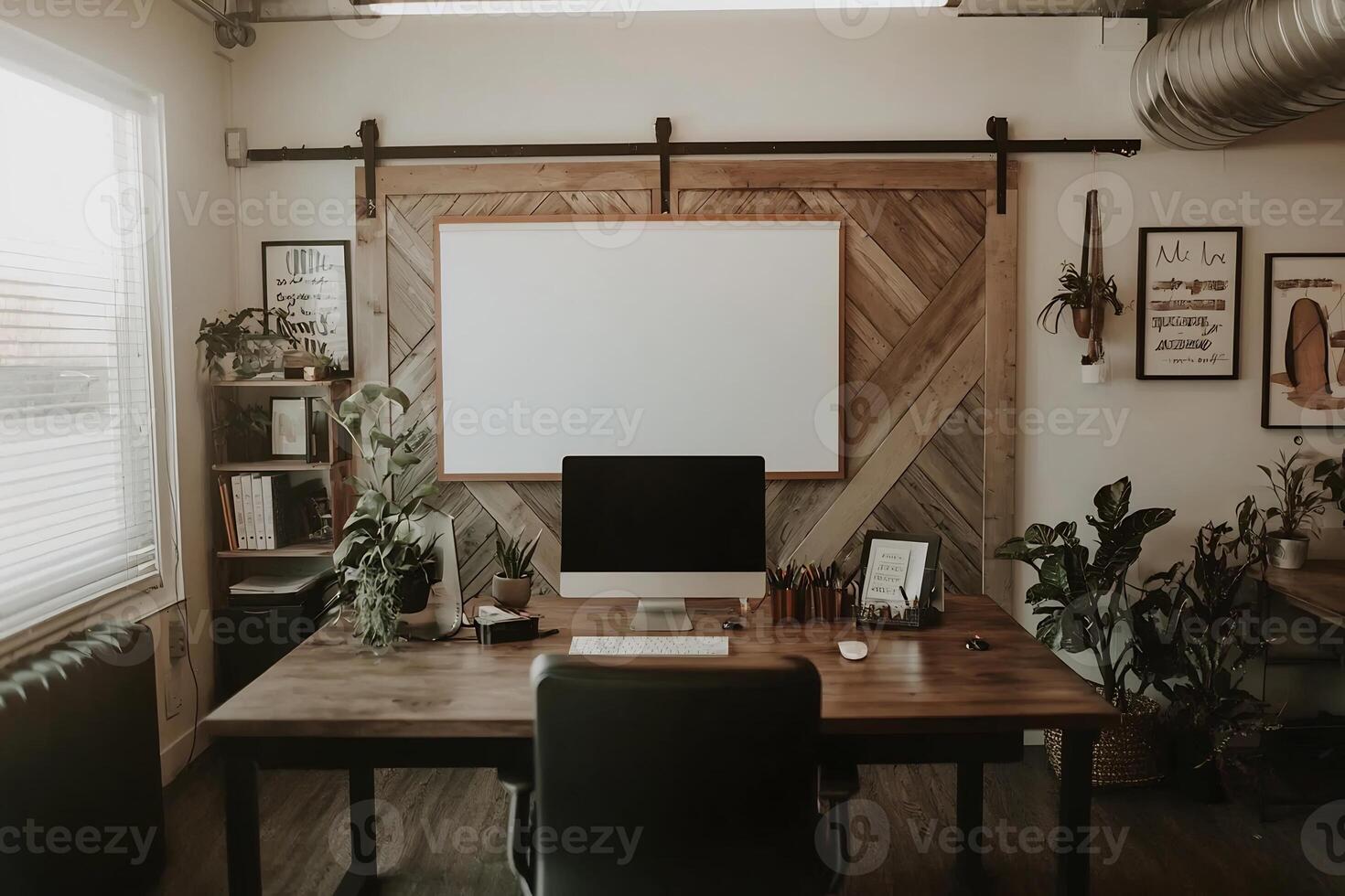 Cozy and Stylish Workspace with Wooden Desk and Laptop Computer photo