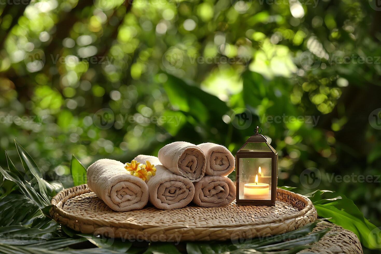 Peaceful Spa Retreat with Rolled Towels Candle and Tropical Leaves photo