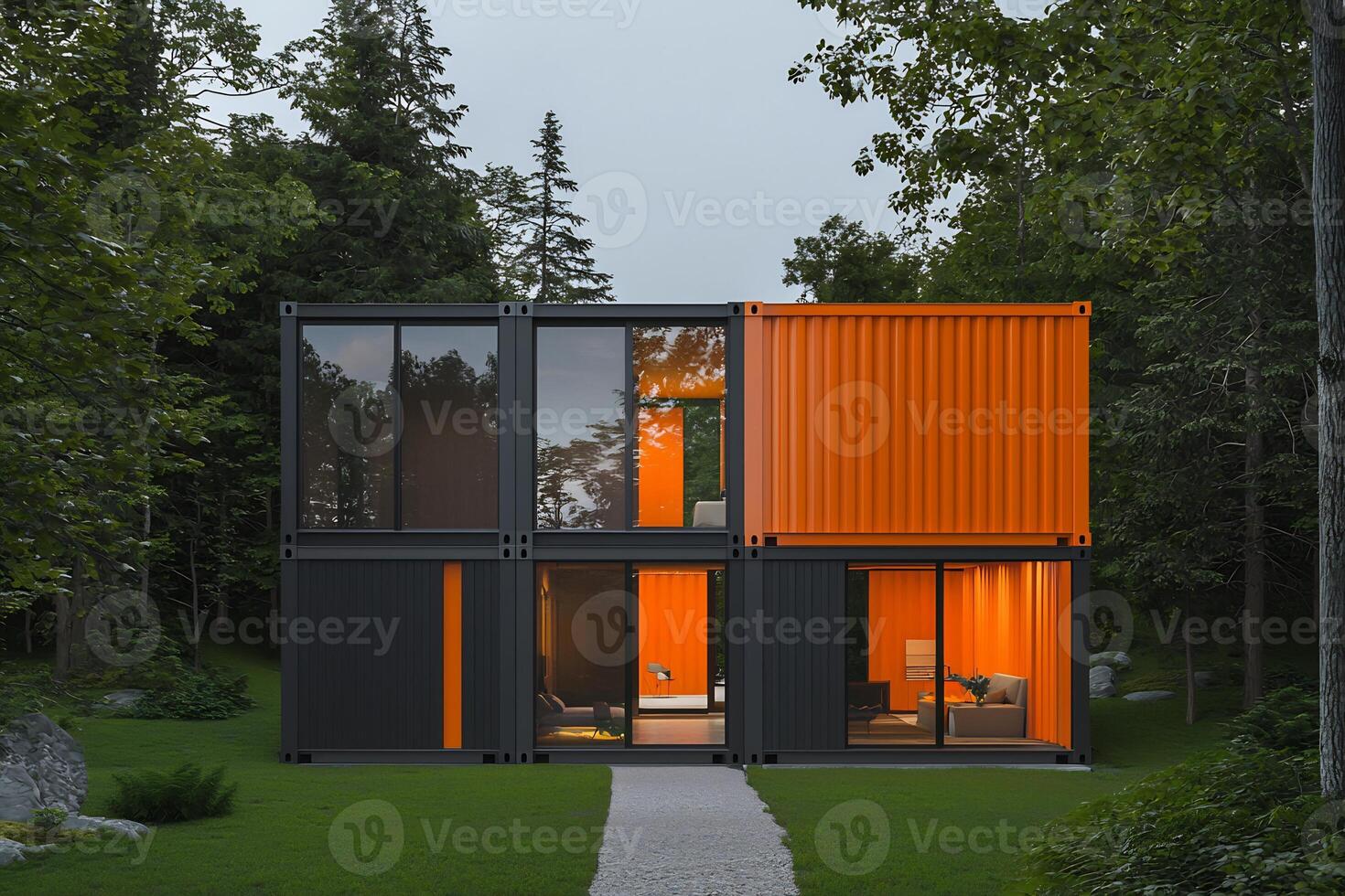 Modern Modular Container Home Set in Peaceful Forested Landscape photo