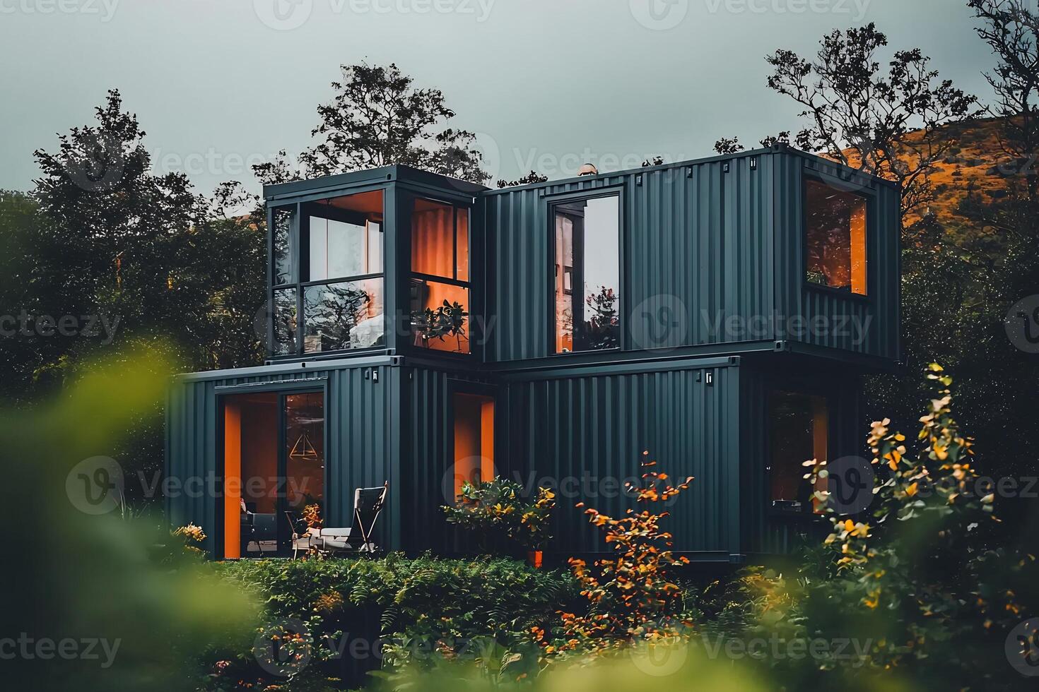 Minimalist Prefab Container House Nestled in Lush Forest Landscape photo
