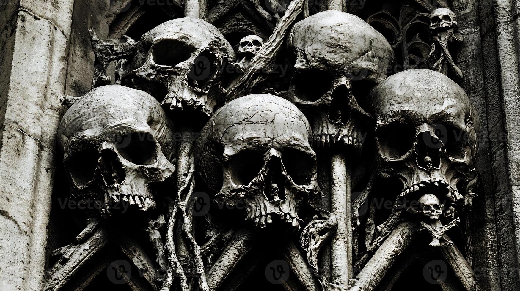 Skull Crypt Skeletal Remains in Dark Gothic Cathedral Interior photo