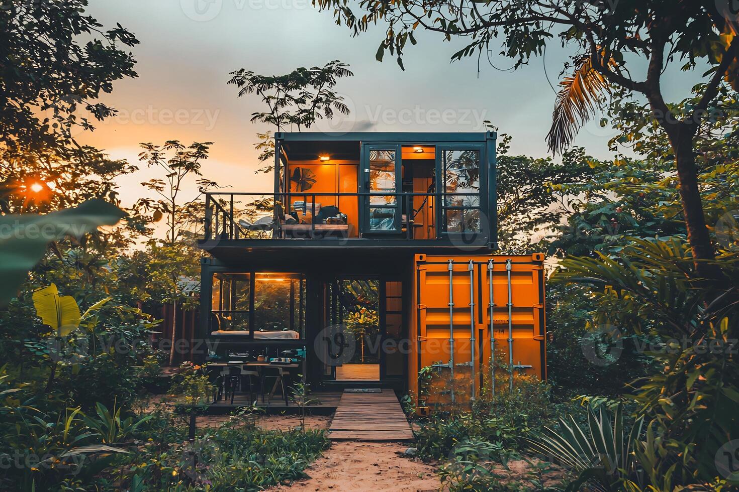 Sunset Lit Shipping Container Home Nestled in Lush Jungle Foliage and Wilderness Landscape photo