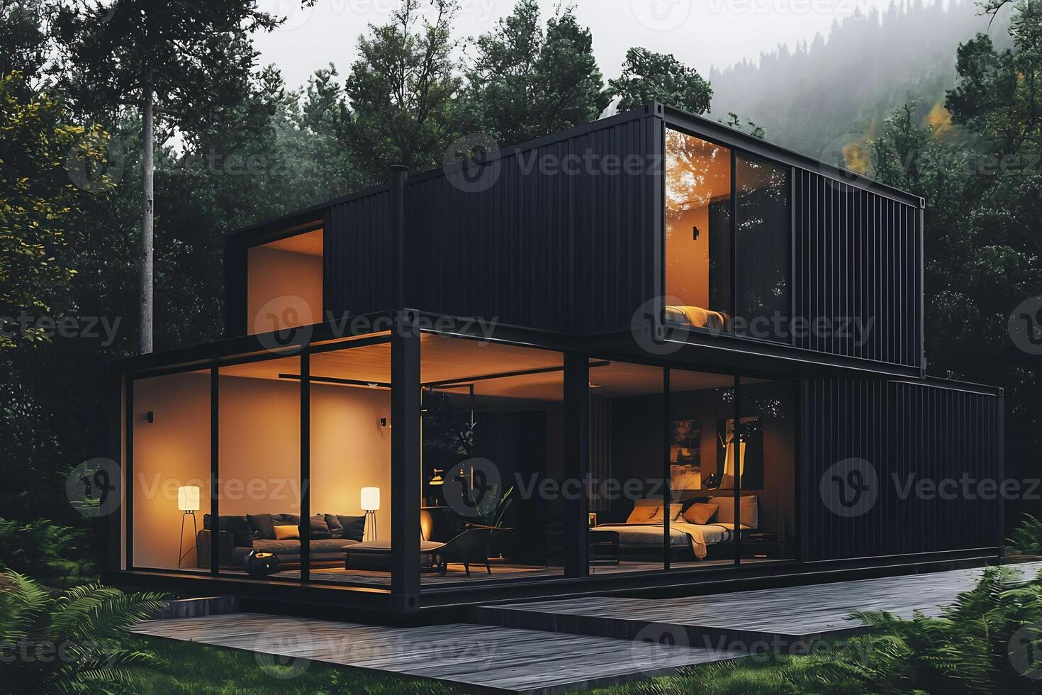 Modern Modular Container Home Surrounded by Misty Forest Landscape in Autumn Season photo