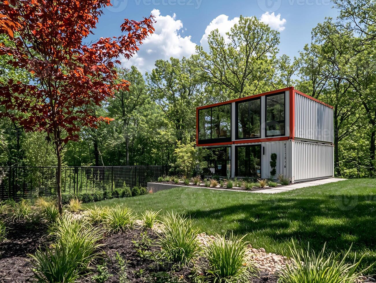 Sustainable Modern Prefab Home in Lush Green Landscape with Solar Panels photo