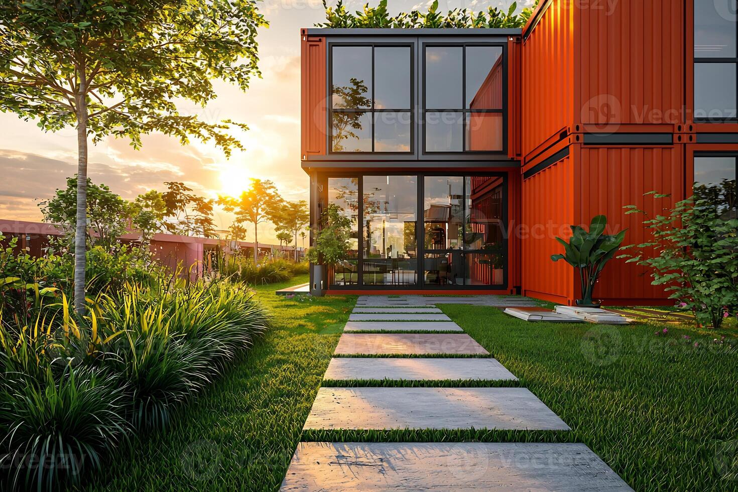 Modern Minimalist Container Home Surrounded by Lush Green Garden at Tranquil Sunset photo