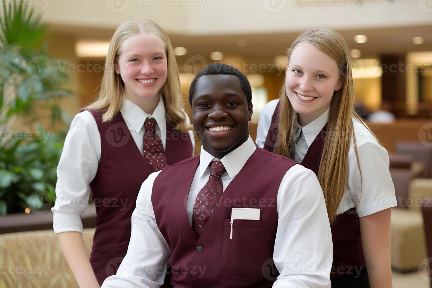 Diverse group of young professionals in business uniforms smiling and posing together in a professional setting photo