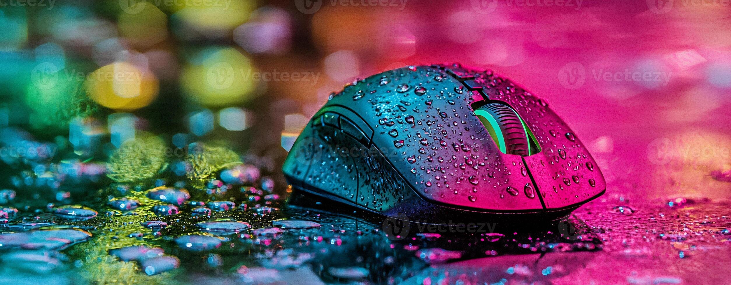 Colorful Wet Computer Mouse in Raindrop Macro Photography photo