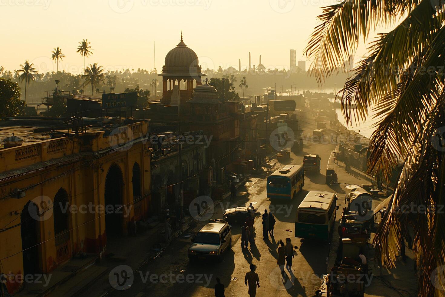 Enchanting Middle Eastern City Skyline with Domes Minarets and Palm Trees photo