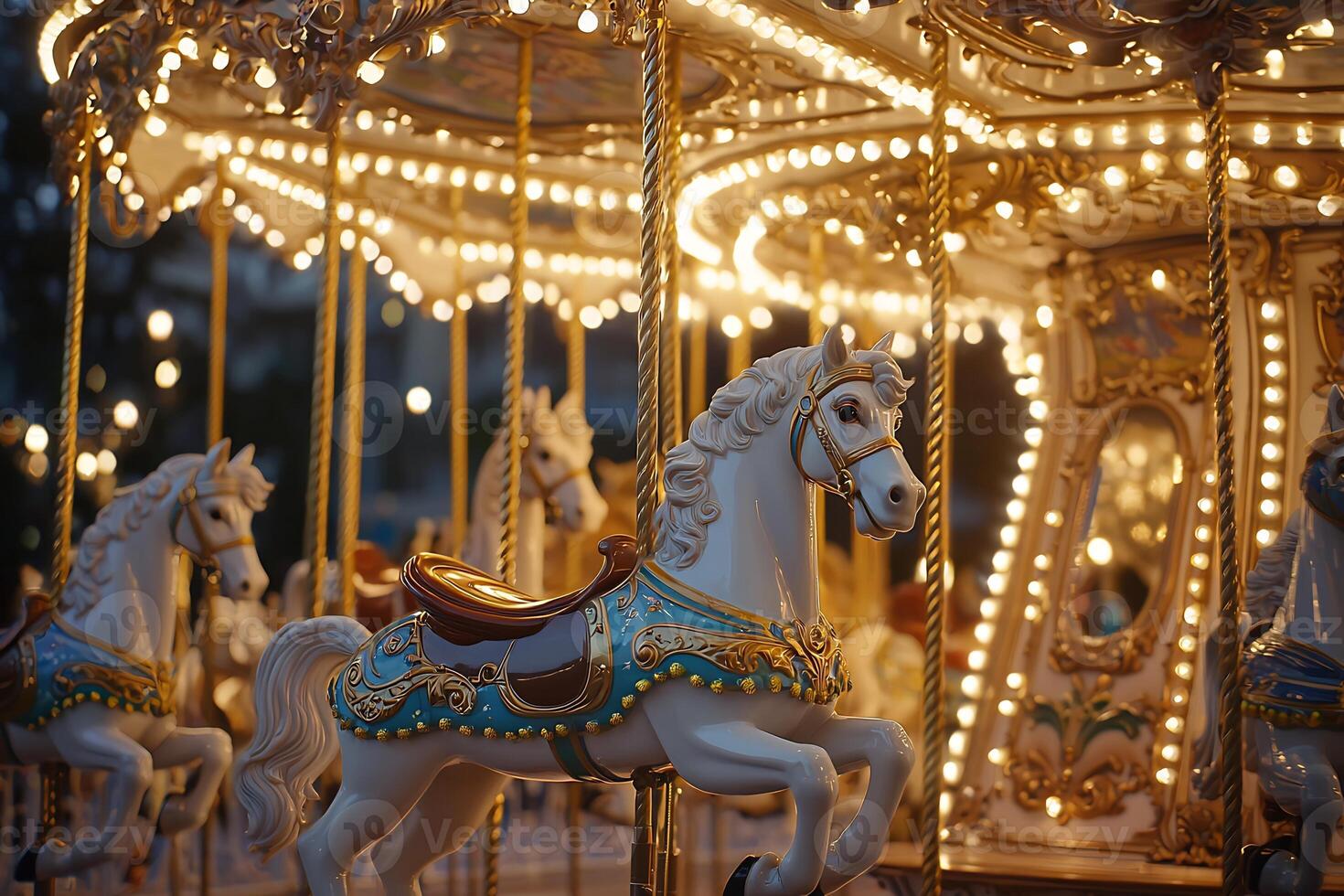 Illuminated Fairground Carousel Spinning With Colorful Lights At Night Evoking Nostalgic Festive photo