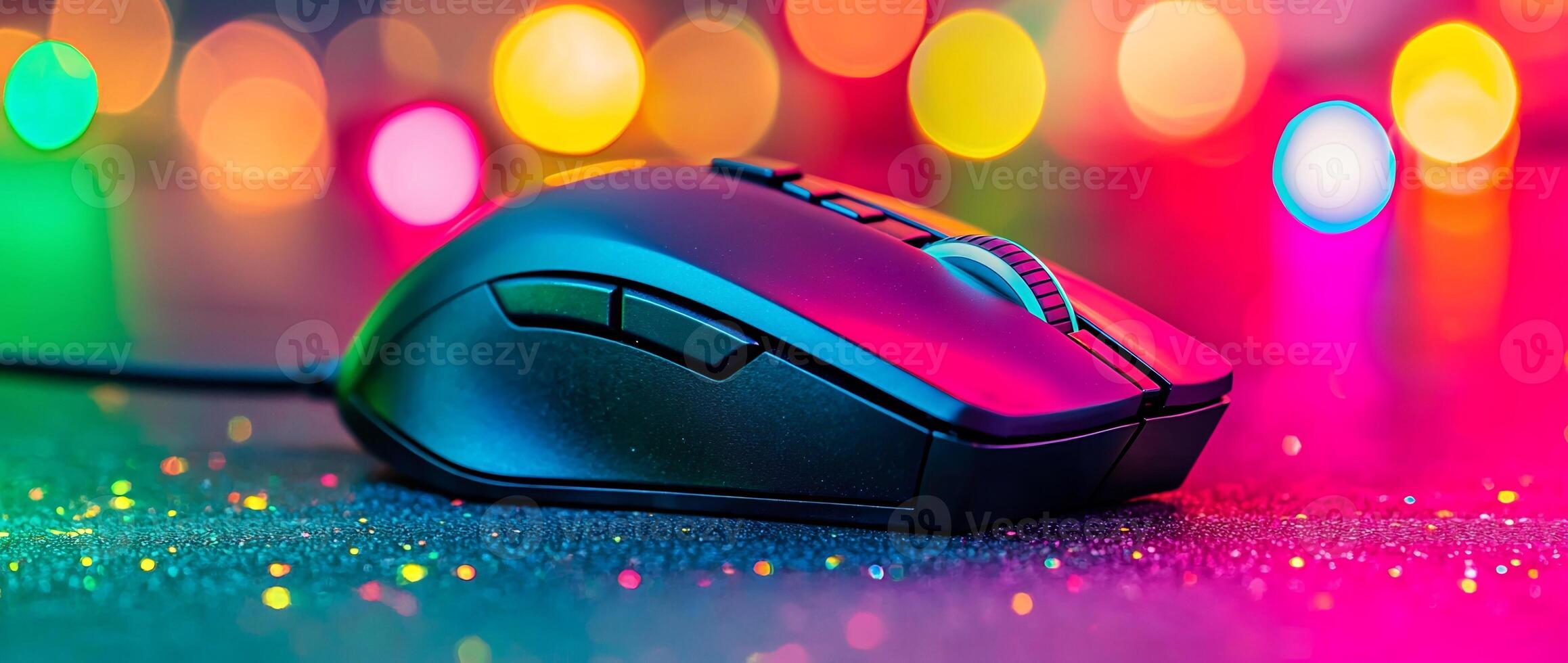 Colorful Illuminated Computer Mouse on Dazzling Desk Setup photo