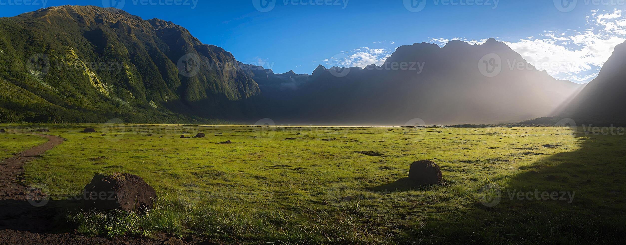 Majestic Mountain Landscape with Lush Meadow and Scenic Panoramic View photo
