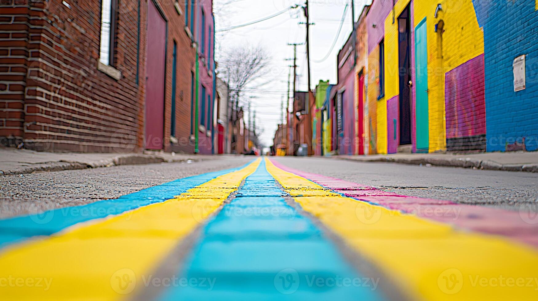 Vibrant Alleyway with Colorful Brick Buildings and Geometric Patterns photo