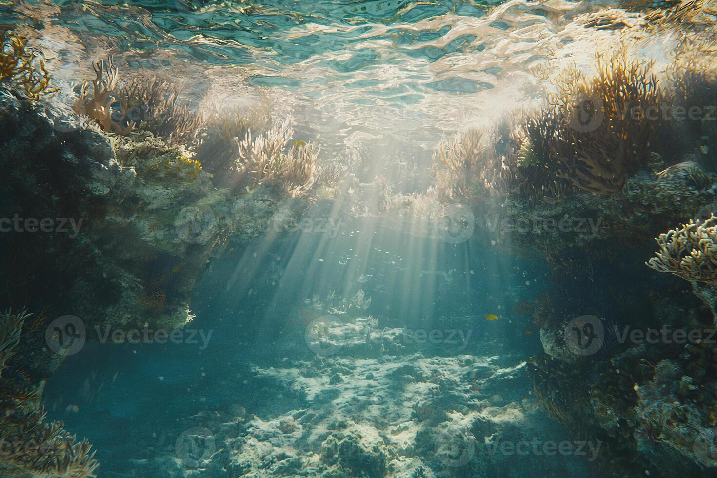 Serene Underwater Scene with Sunlight Rays Piercing Through Tranquil Marine Ecosystem photo