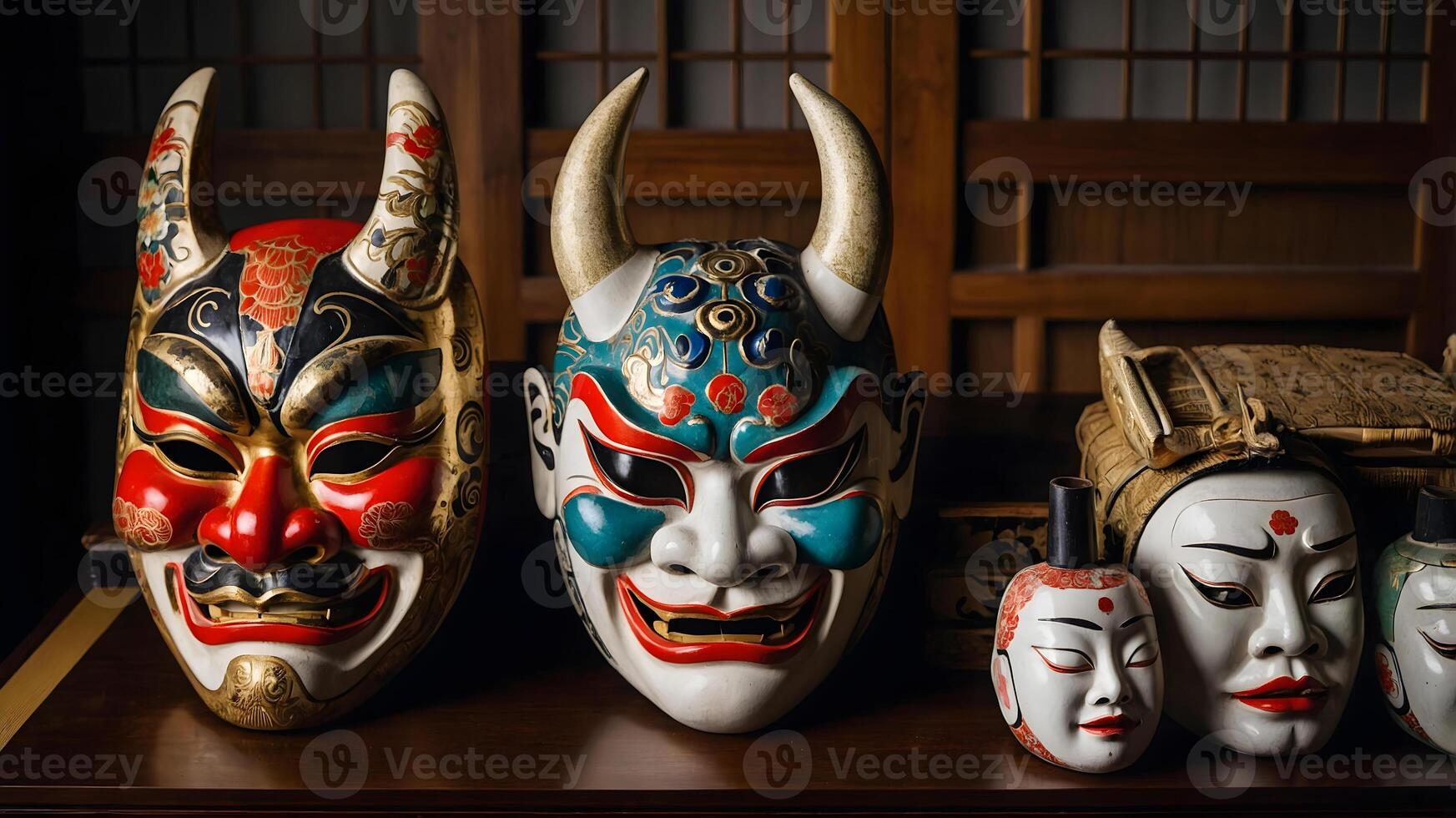 A group of asian masks on a table photo