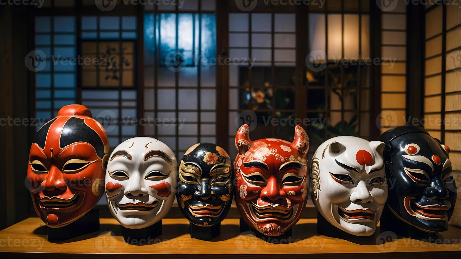 A row of asian masks on a wooden shelf photo