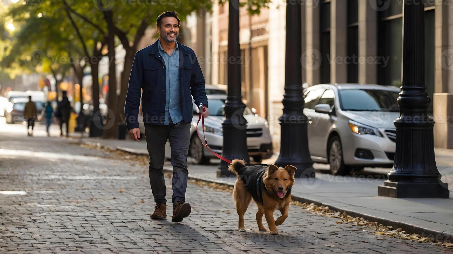 A man walking his dog down a city street photo