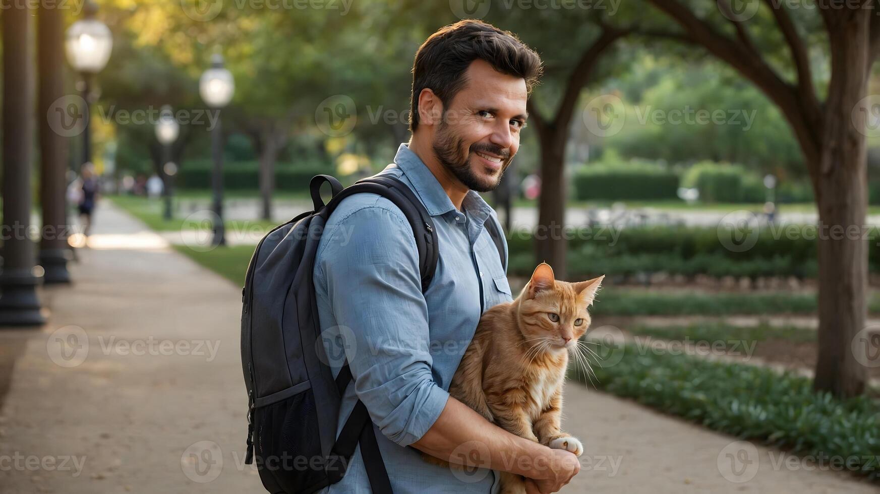 A man with a backpack holding a cat photo