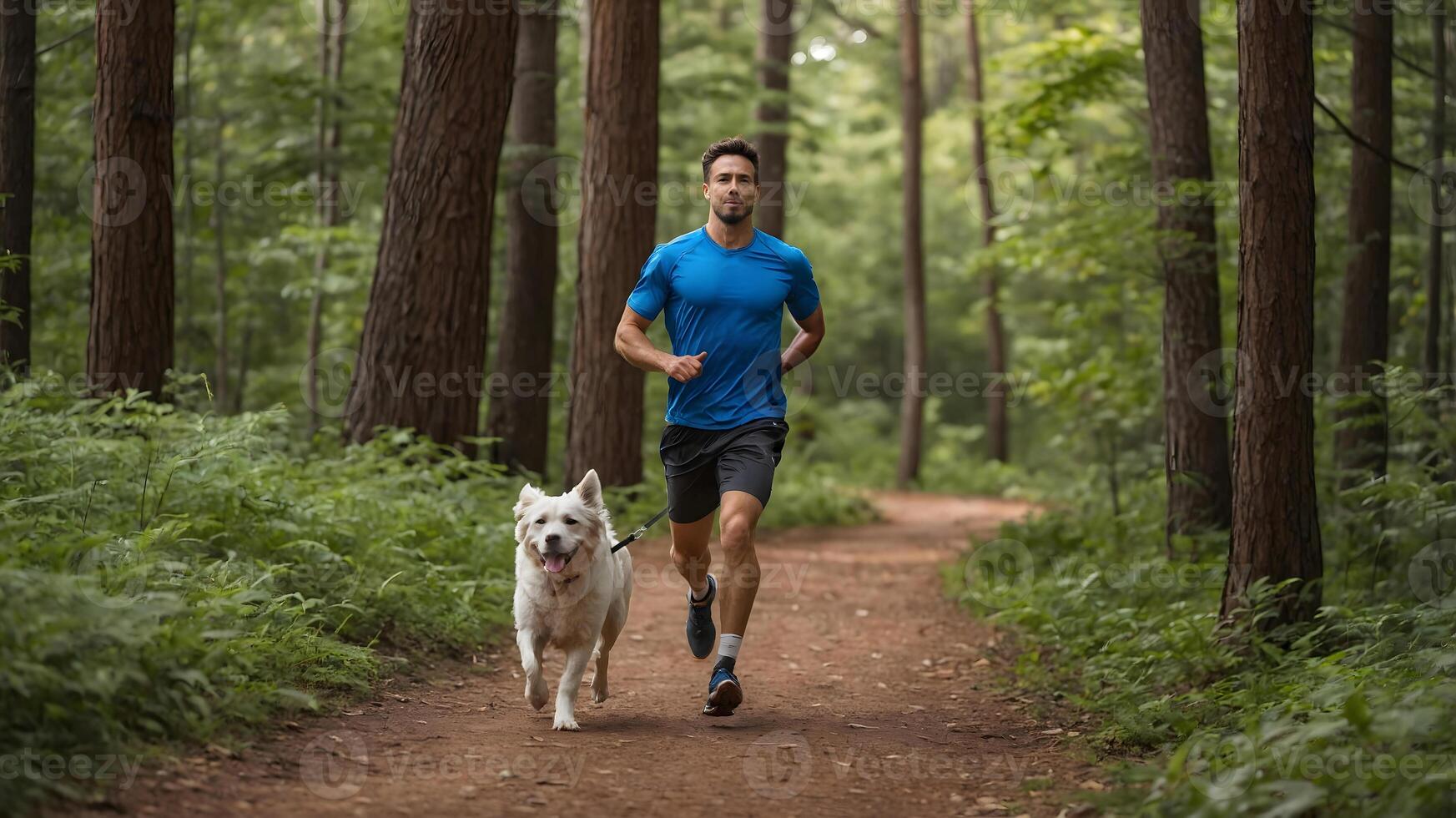 A man jogging with his dog in the woods photo